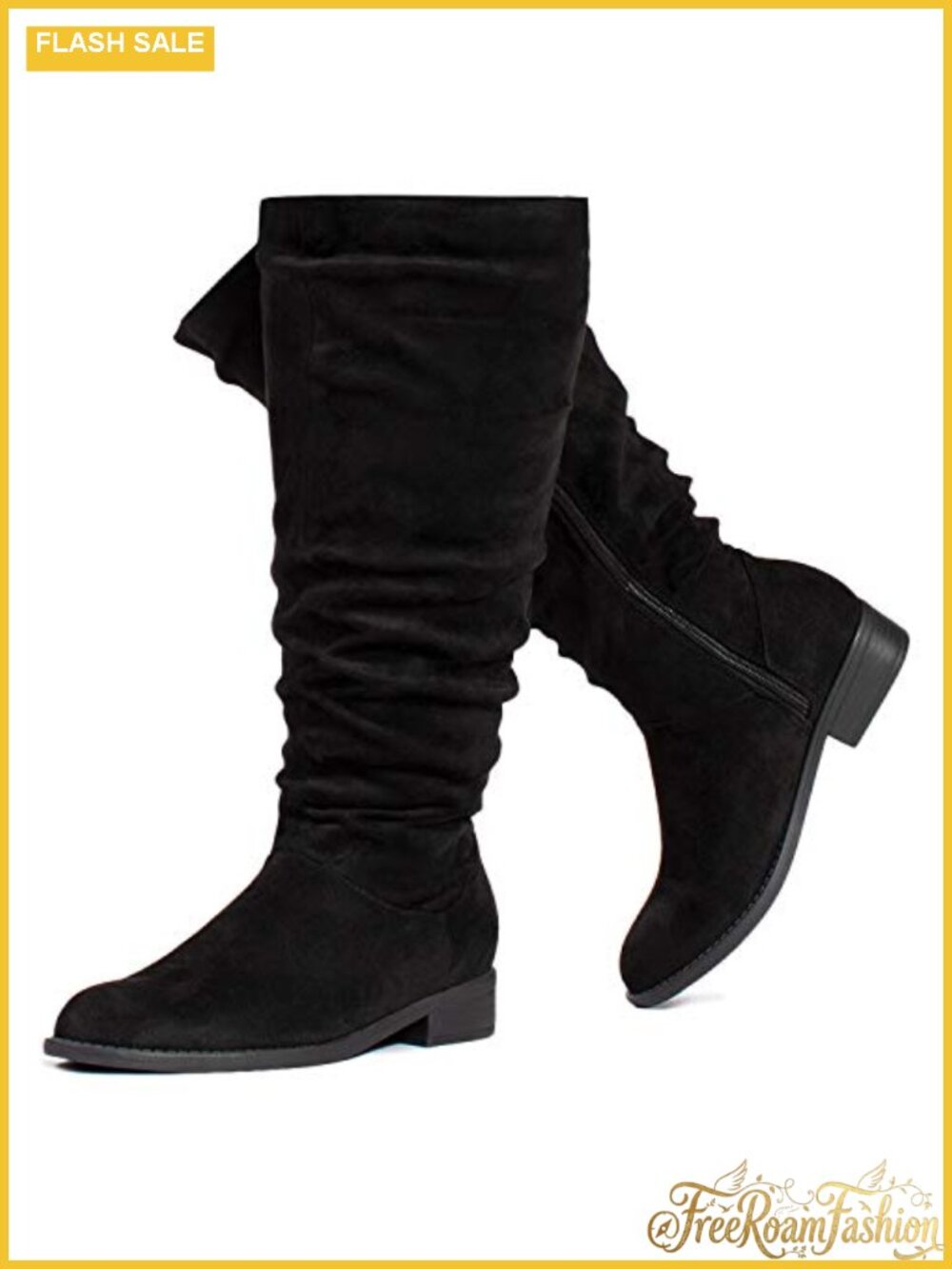 Wide Calf Slouchy Knee High Boots Vegan Low Heel Round Toe Equestrian
